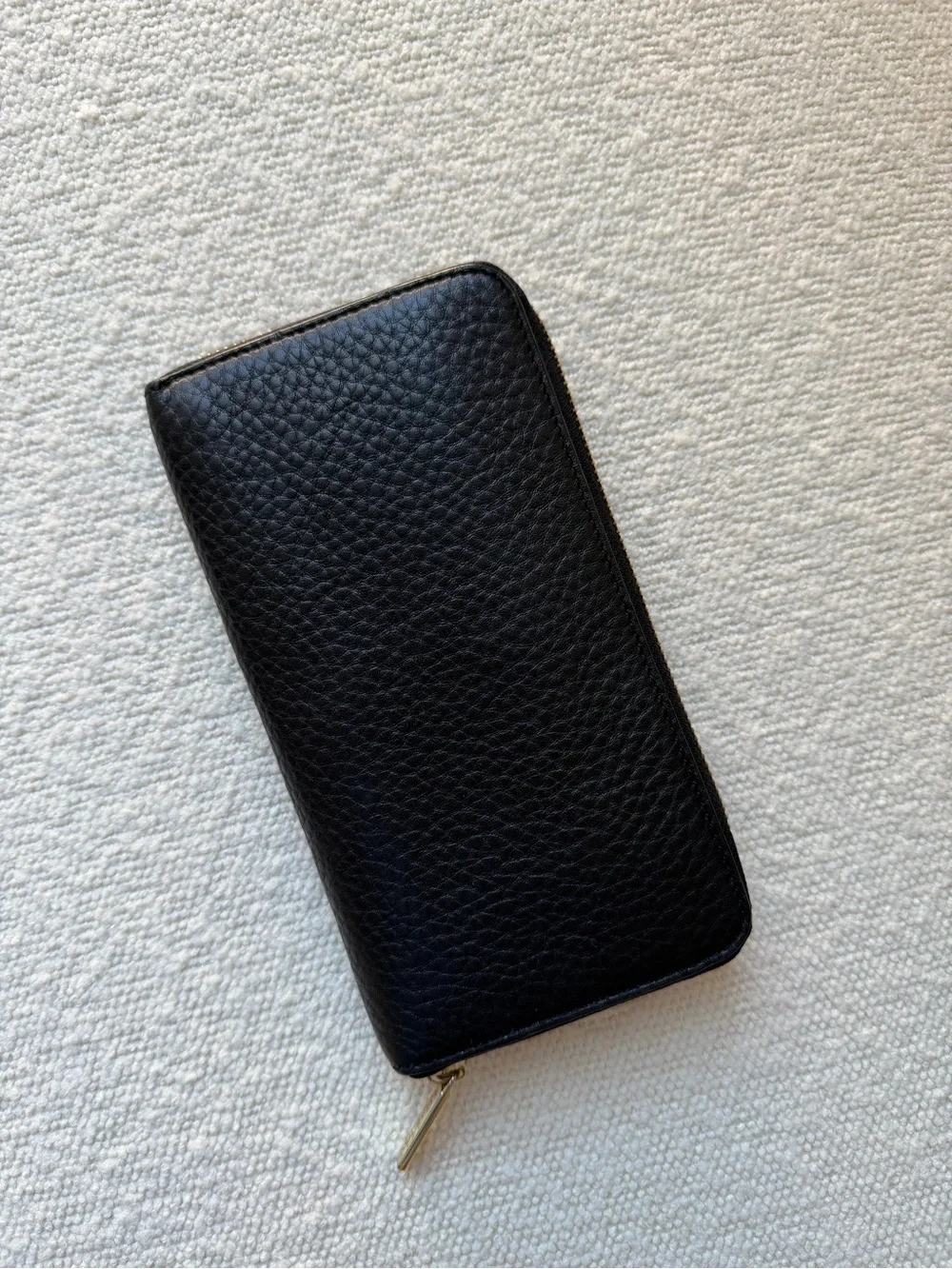 Tory Burch Black Pebbled Leather Zip Wallet with Gold Logo